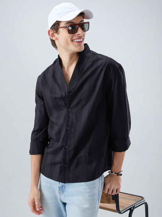 Black Panel Textured Stand Collar Oversized Shirt