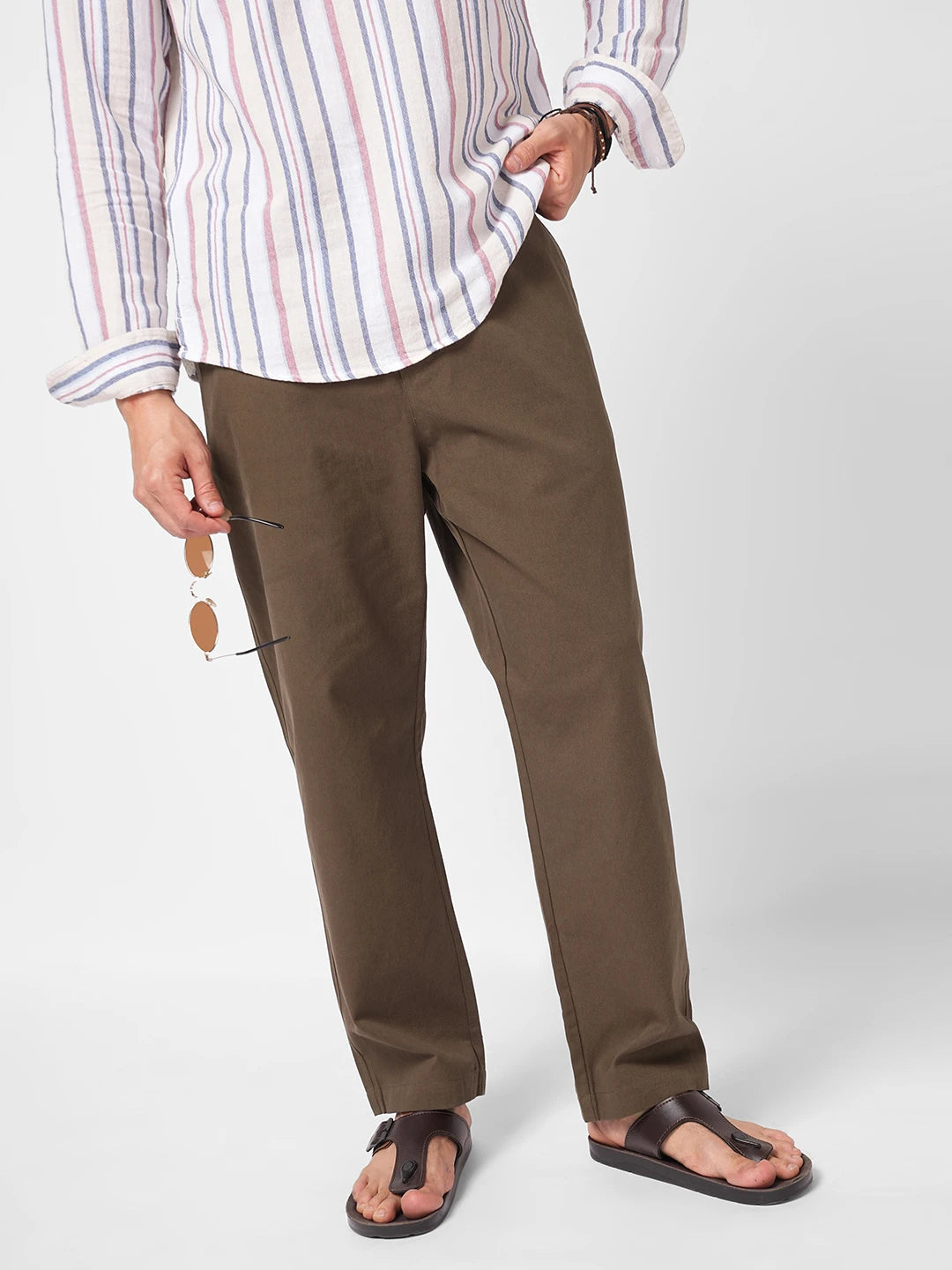 Solid Brown Tapered Trousers