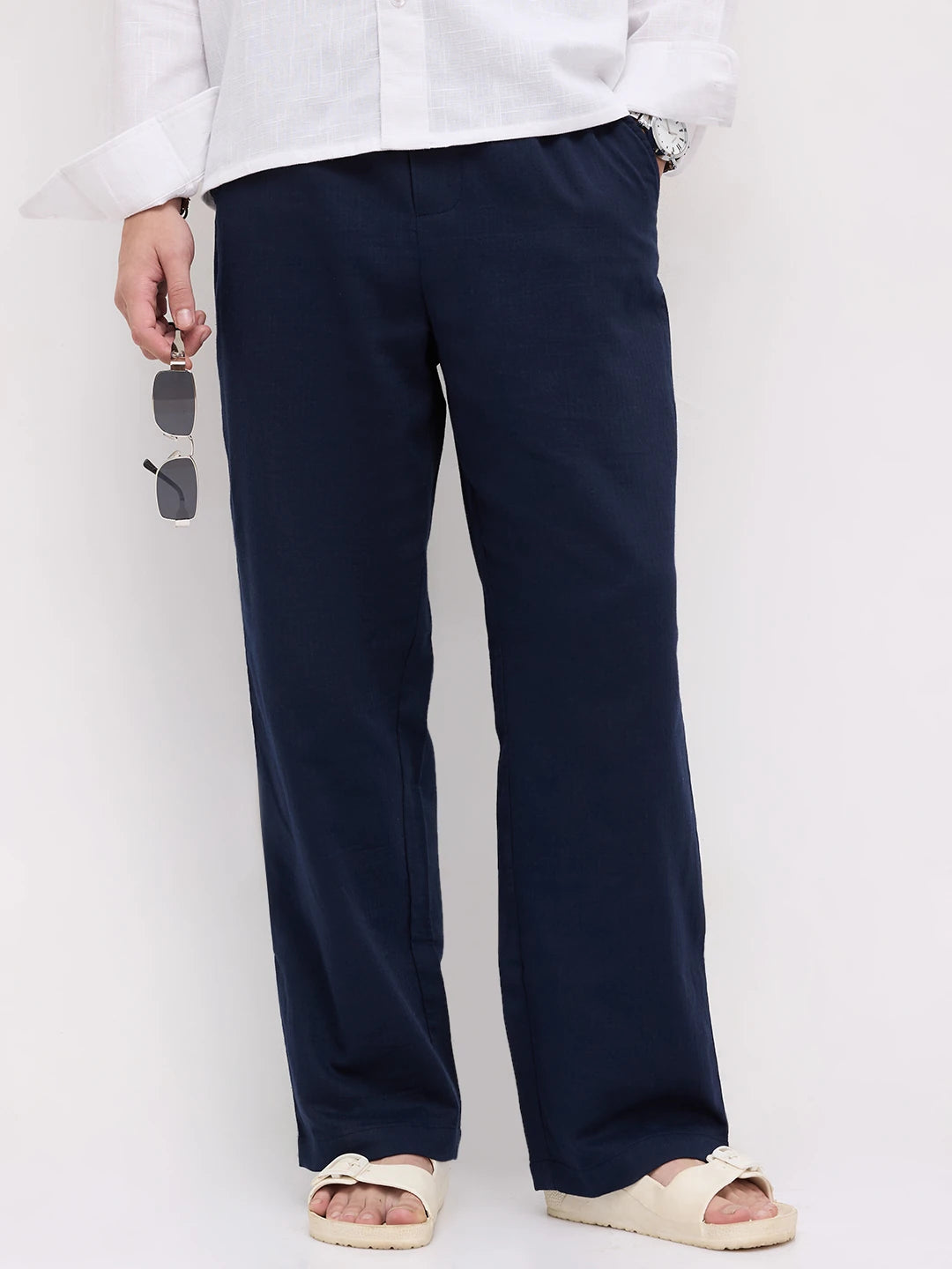 Navy Herringbone Textured Straight Fit Trousers