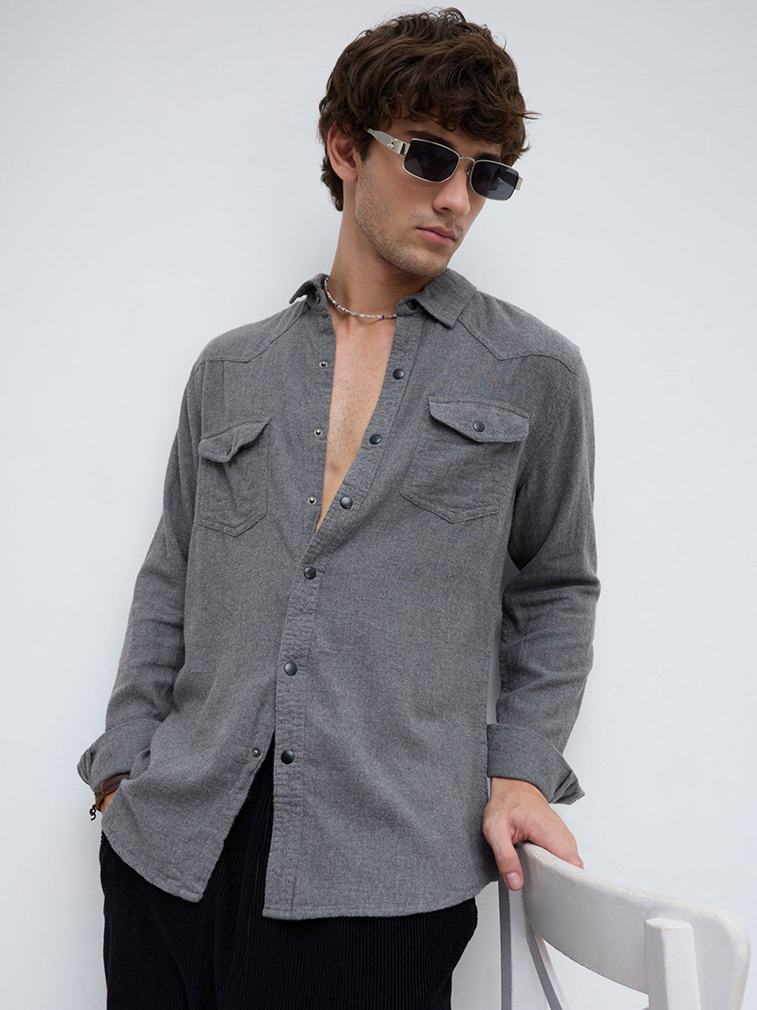 Solid Intense Grey Flannel Double Flap Pocket Shirt