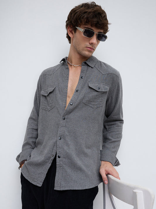 Solid Intense Grey Flannel Double Flap Pocket Shirt
