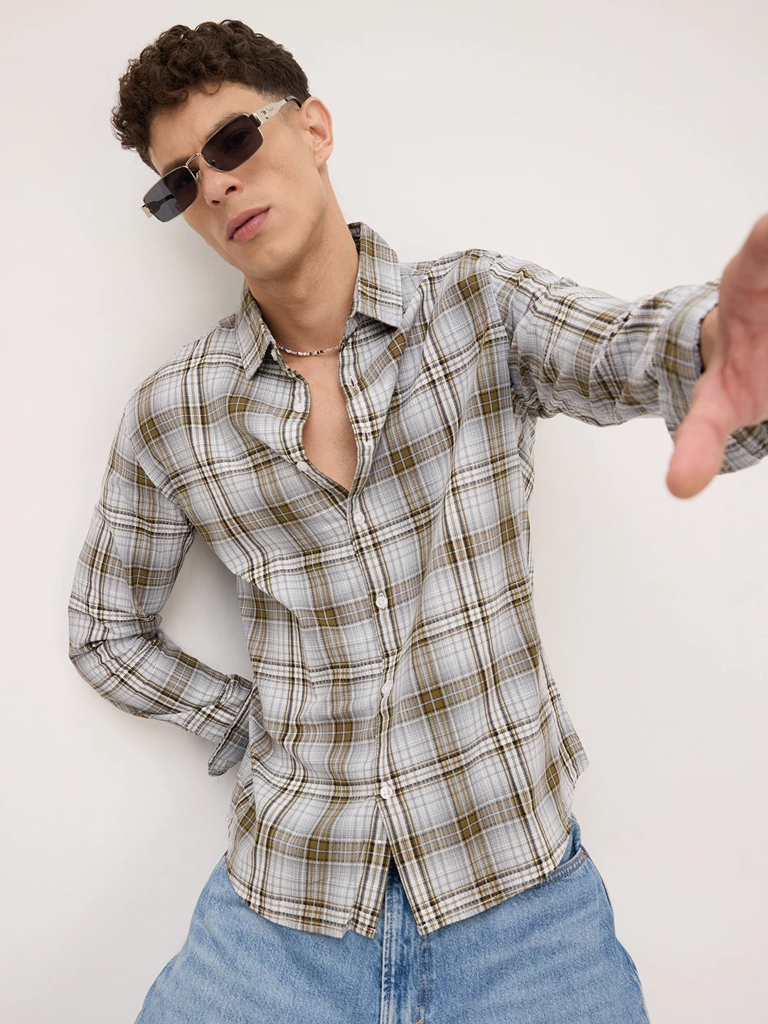 Olive & Grey Fine Striped Plaid Checks Shirt
