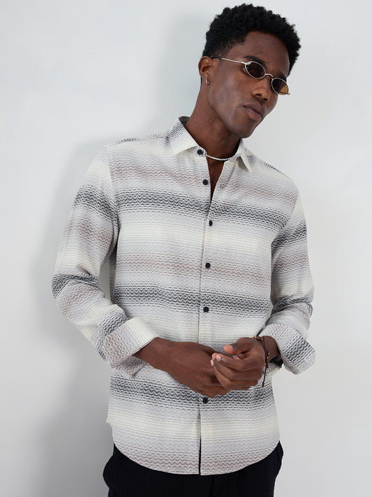 Grey Jacquard Wave Pattern Striped Shirt