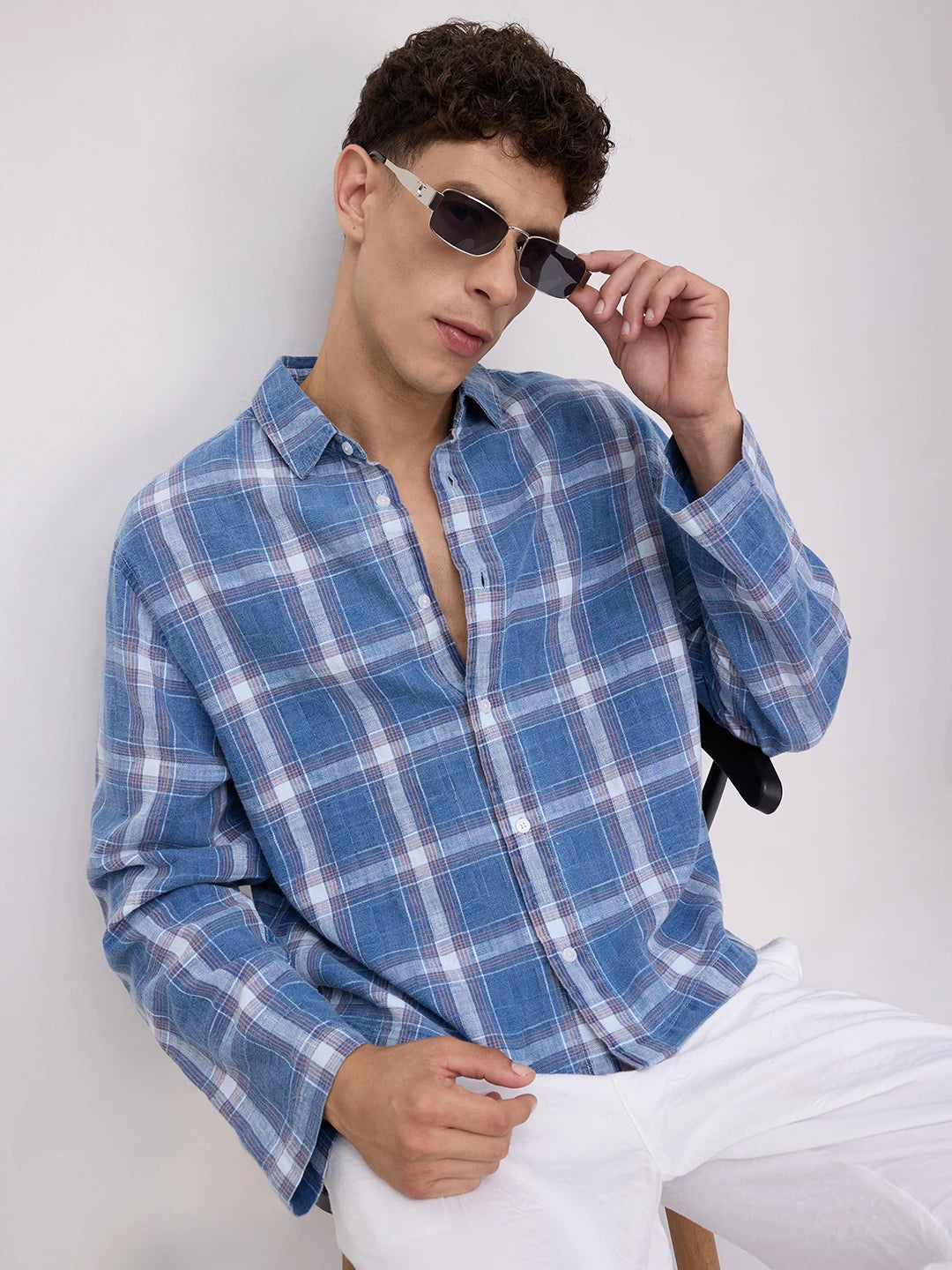 Timeless Denim Plaid Checks Cuffless Oversized Shirt