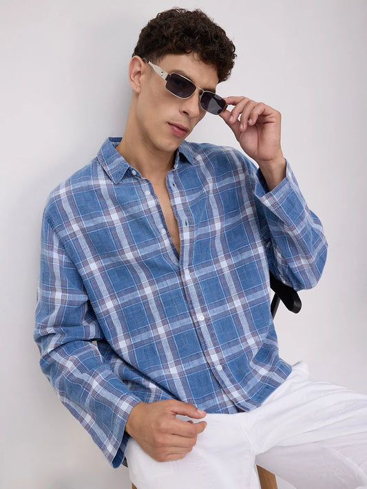 Timeless Denim Plaid Checks Cuffless Oversized Shirt