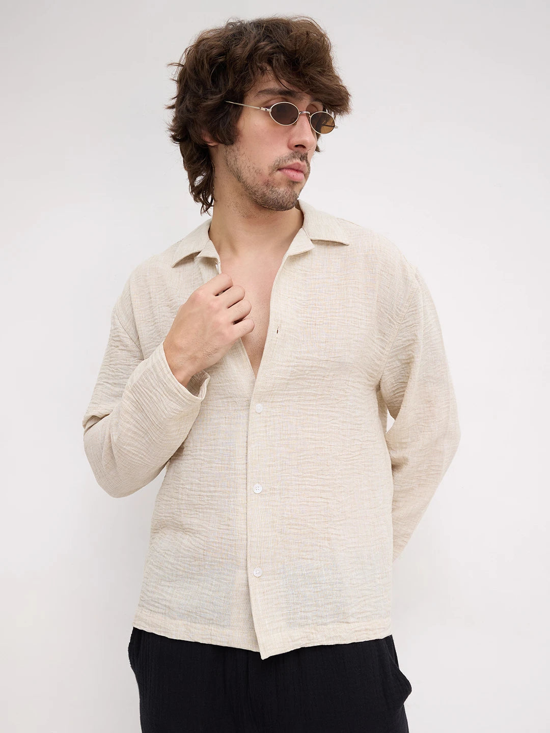 Warm Beige Crinkled  Notch Collar Oversized Shirt