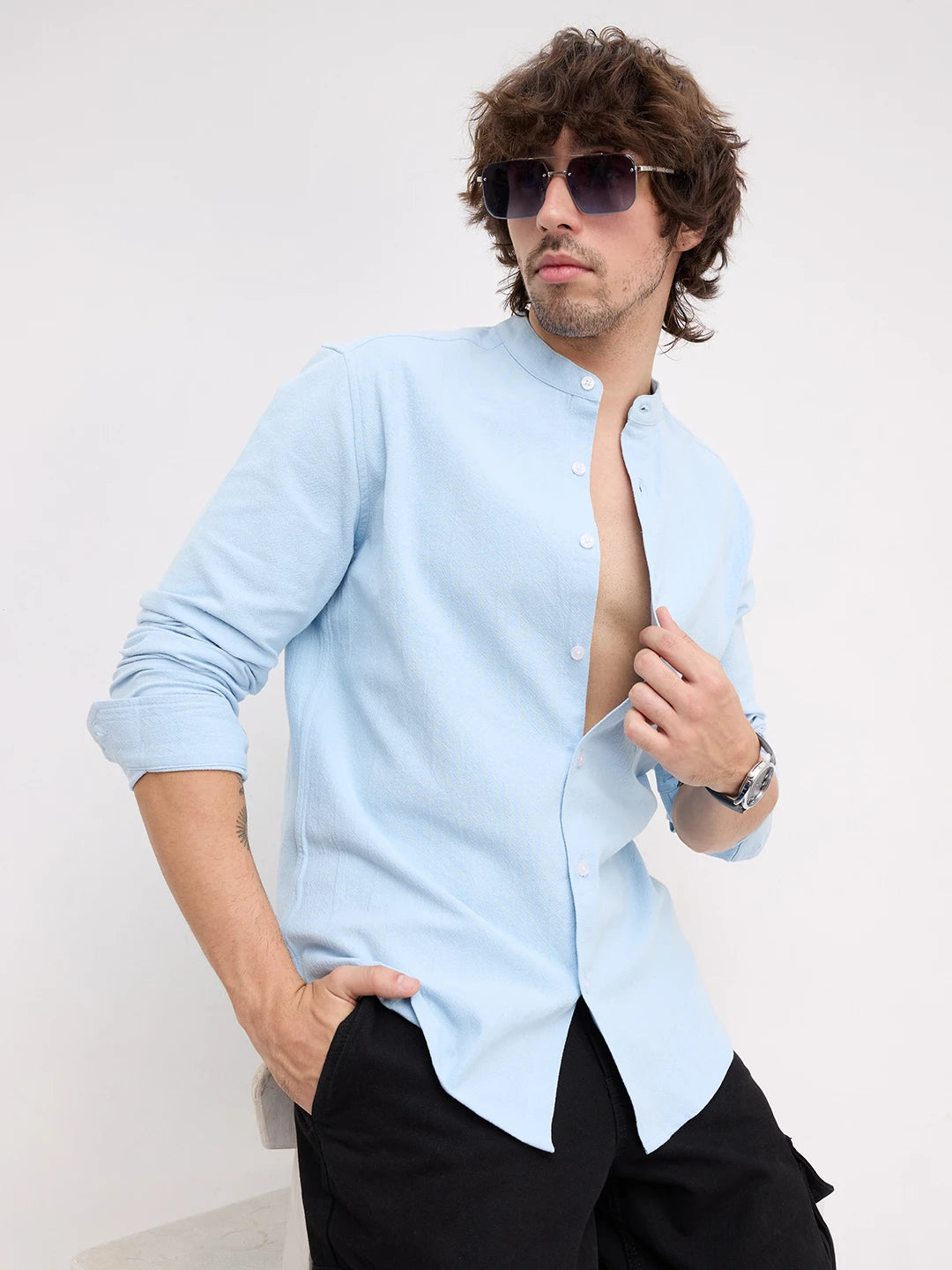 Refreshing Aqua Solid Blue Fine Mandarin Shirt