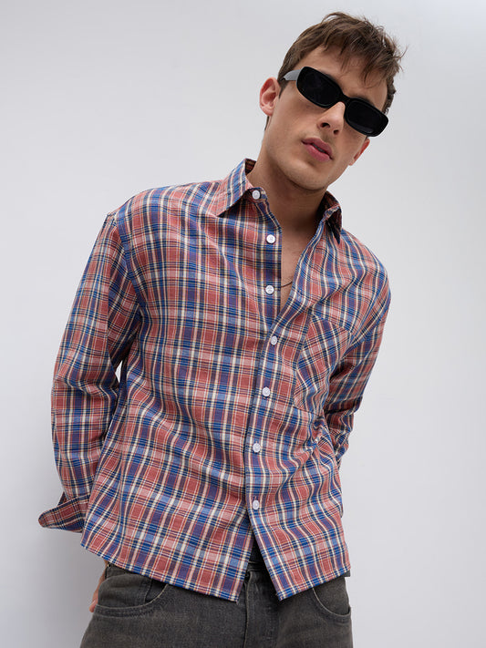 Sunset Denim Multi Checks Boxy Fit Crop Shirt