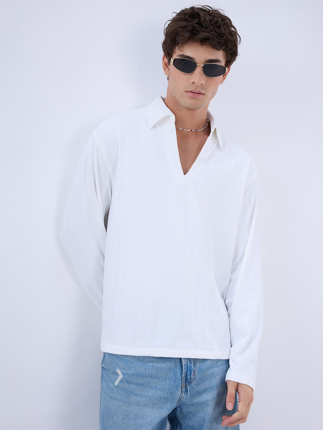 Snow White Micro Weave Knitted Oversized Polo Shirt
