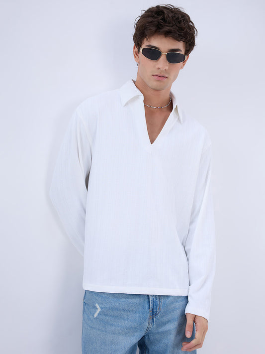 Snow White Micro Weave Knitted Oversized Polo Shirt