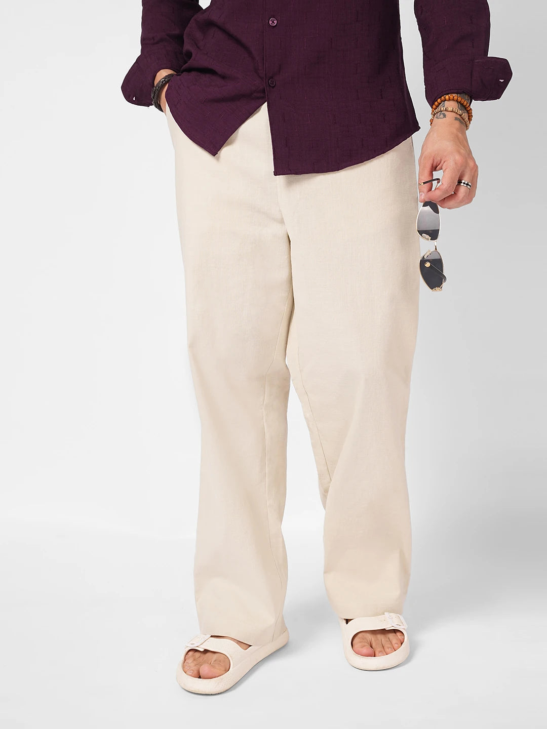 Creamy Beige Slub Weave Straight Fit Trousers