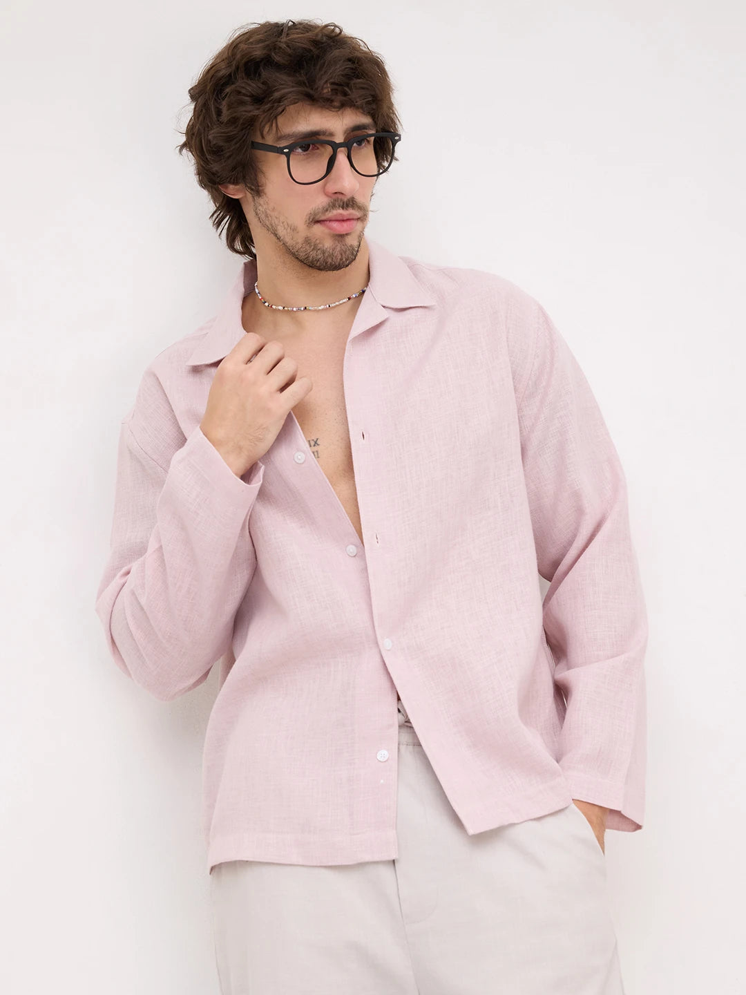 Blush Pink Fine Textured Notch Collar Oversized Shirt