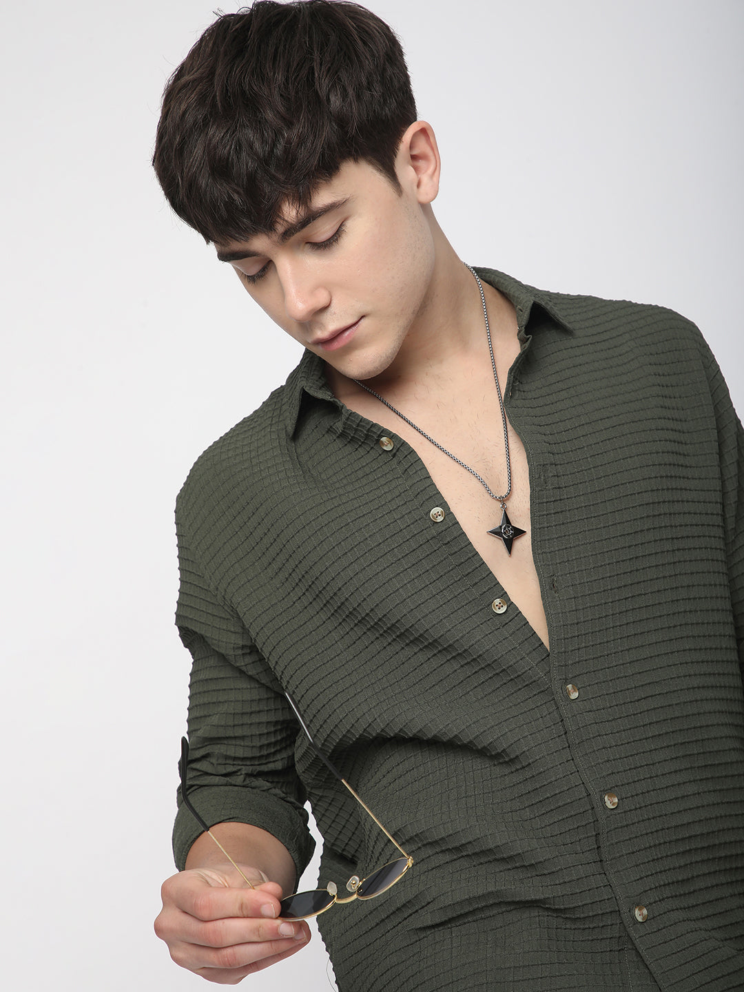 Olive Tiny Box Checks Emboss Textured Shirt