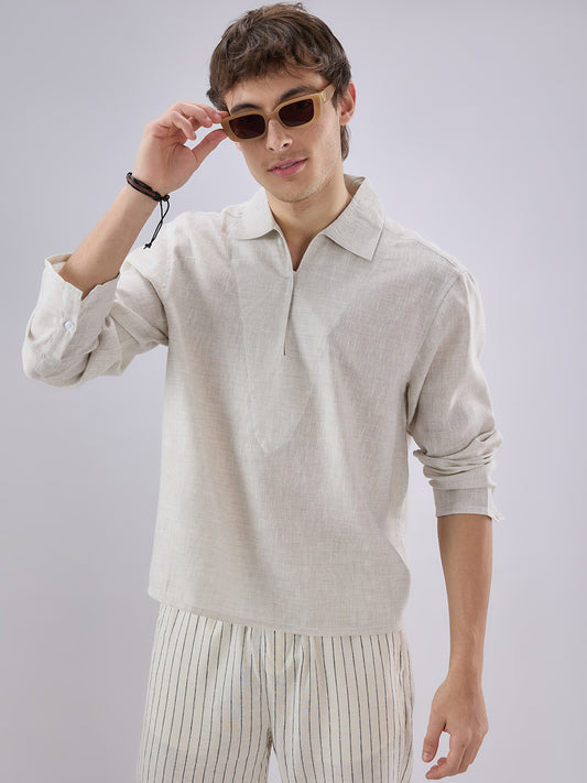 Greyish Green Textured Cuffless Oversized Shirt