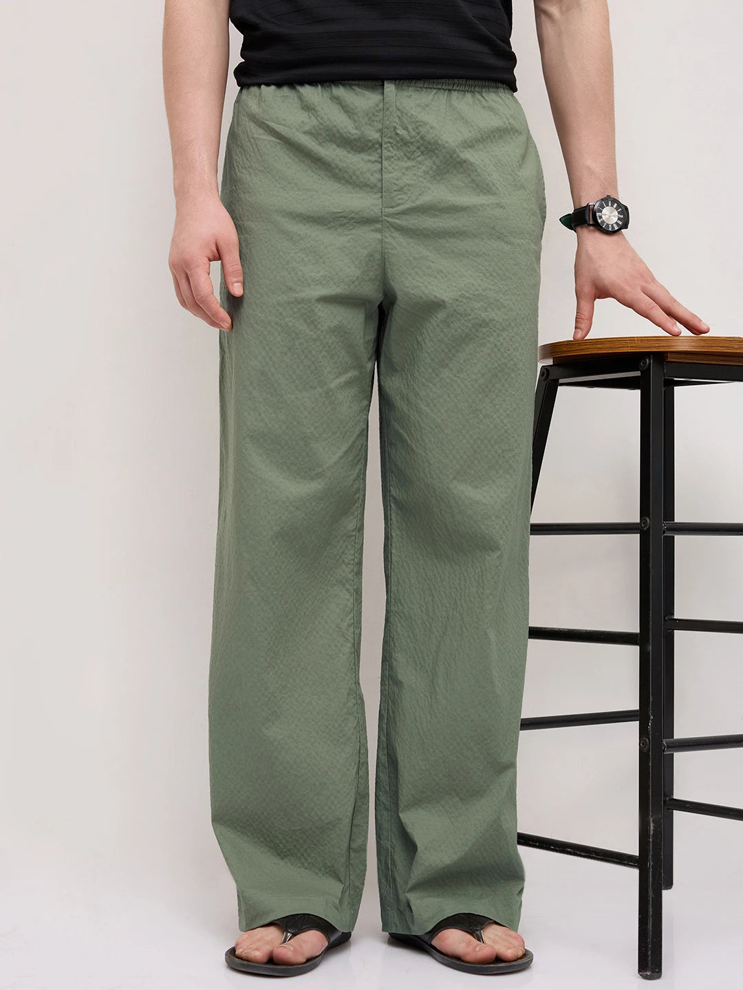 Sage Green Fine Textured Wide Leg Trousers