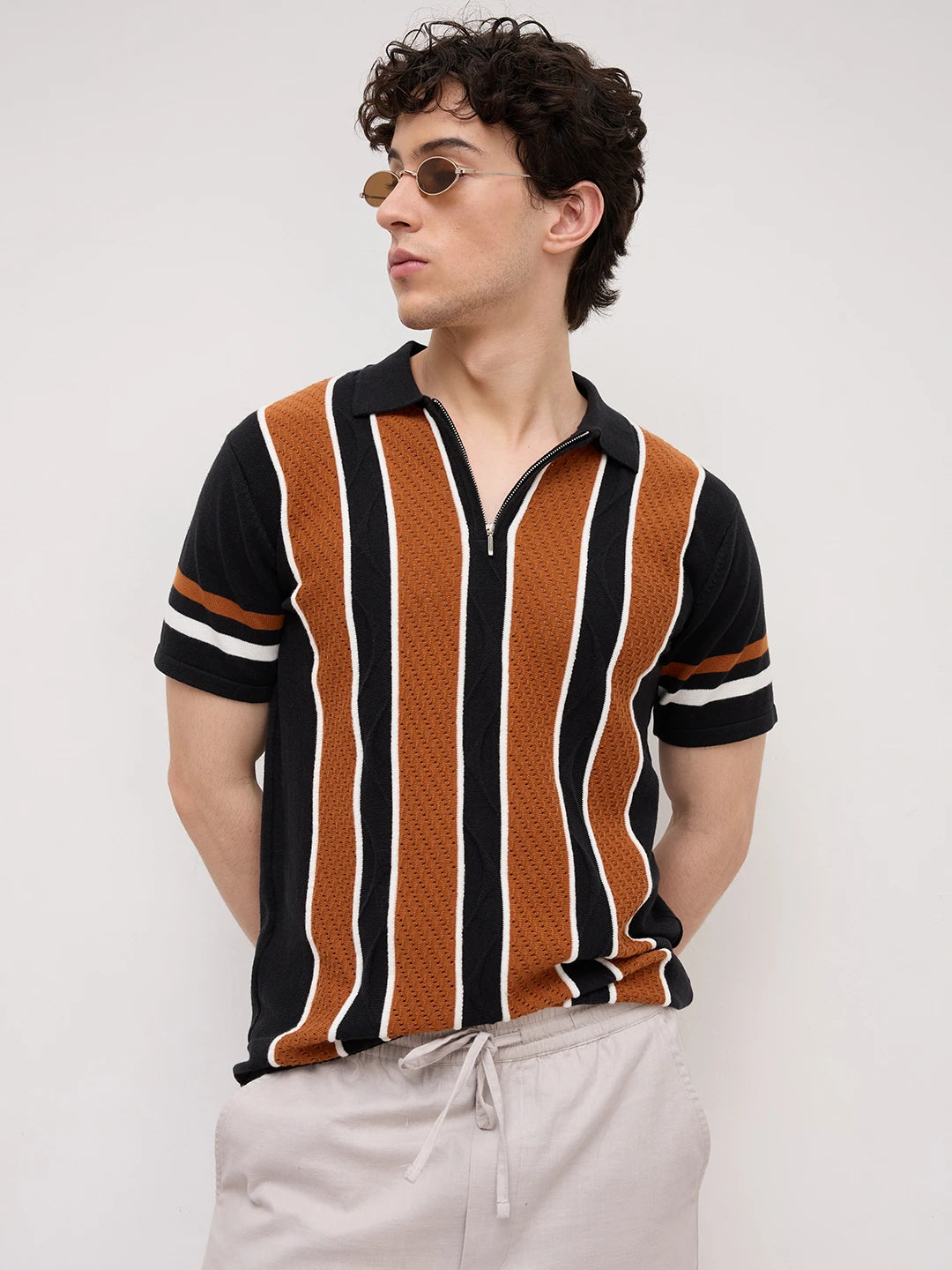 Rust Artisian Panel Striped Polo Zip Flat Knit T-shirt