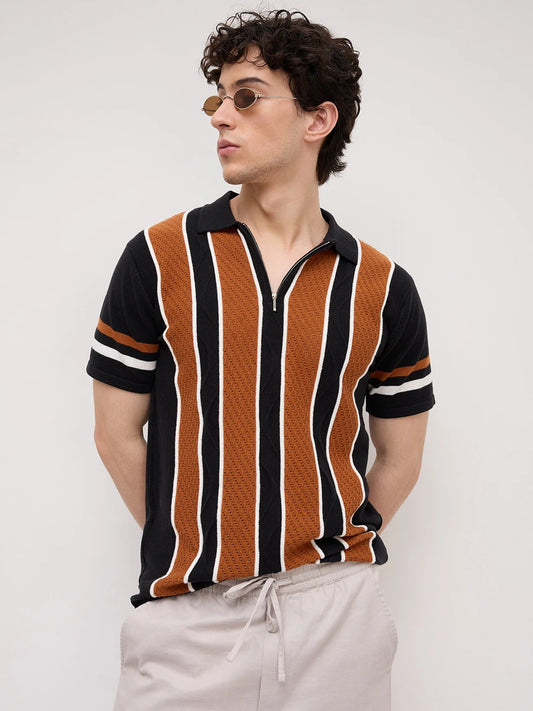 Rust Artisian Panel Striped Polo Zip Flat Knit T-shirt