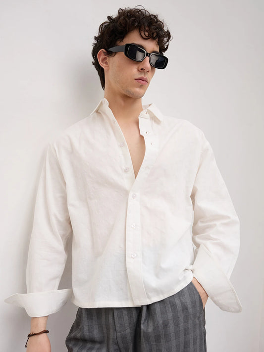 Luxe Pearl White Square Embossed Boxy Fit Crop Shirt
