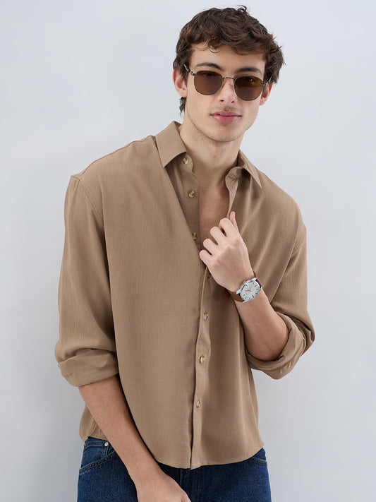 Khaki Olive Fine Grid Textured Boxy Fit Oversized Shirt