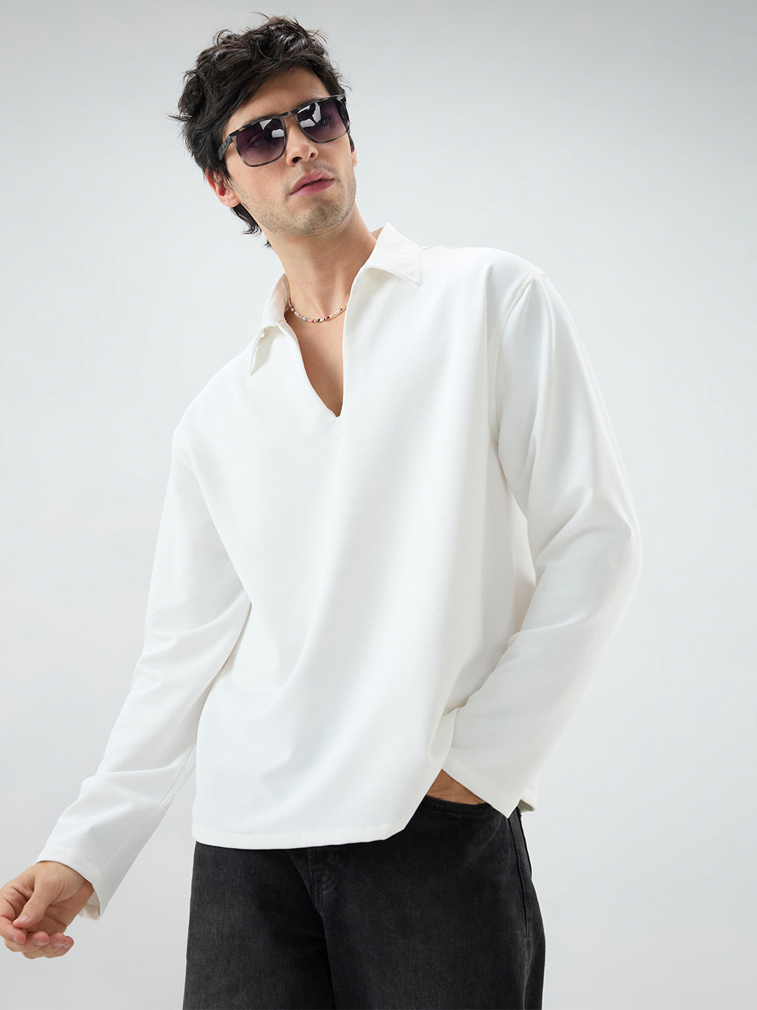 Snow White Oversized Polo Tencel Knit Shirt