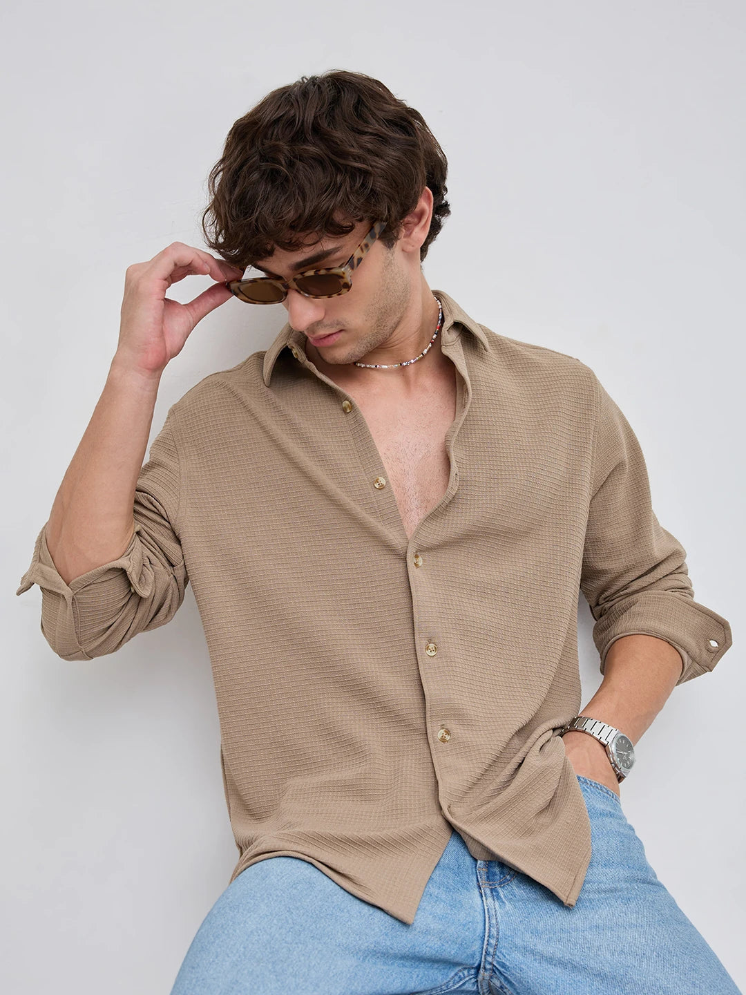Refined Khaki Gingham Checks Knitted Shirt