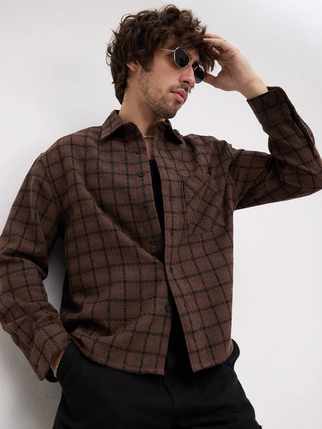 Brown Contrast Checked Weave Wintercrest Flannel Boxy Fit Crop Shirt