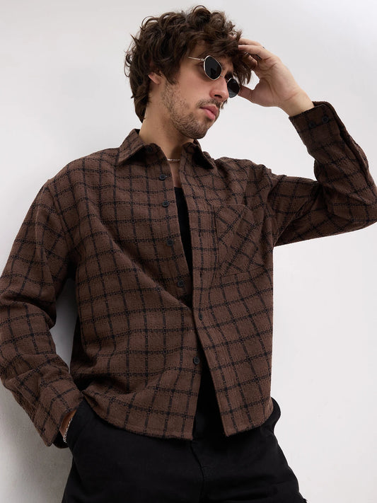 Brown Contrast Checked Weave Wintercrest Flannel Boxy Fit Crop Shirt