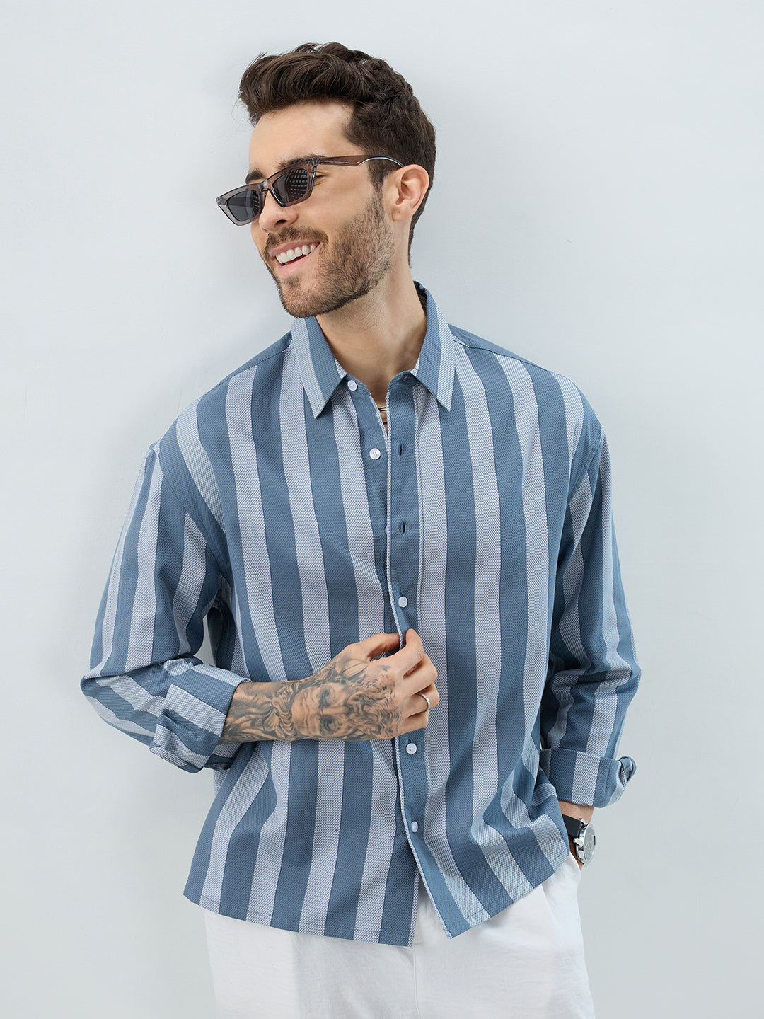 Slate Blue Grey Bold Striped Boxy Fit Crop Shirt