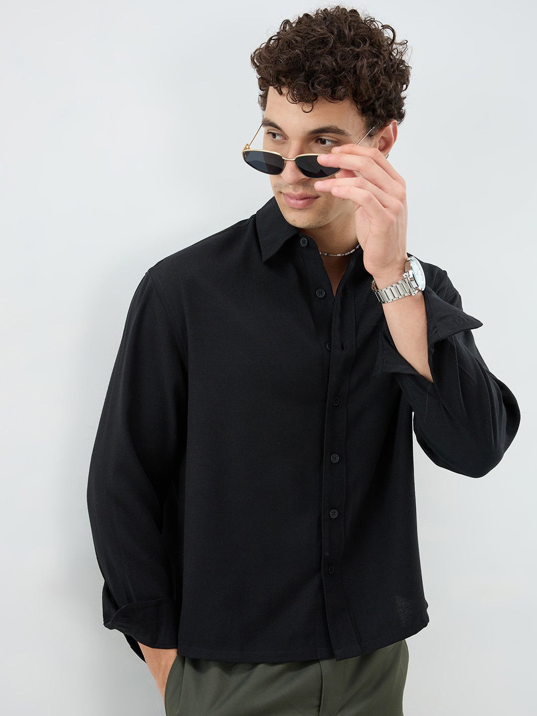 Pure Black Smooth Weave Boxy Fit Crop Shirt
