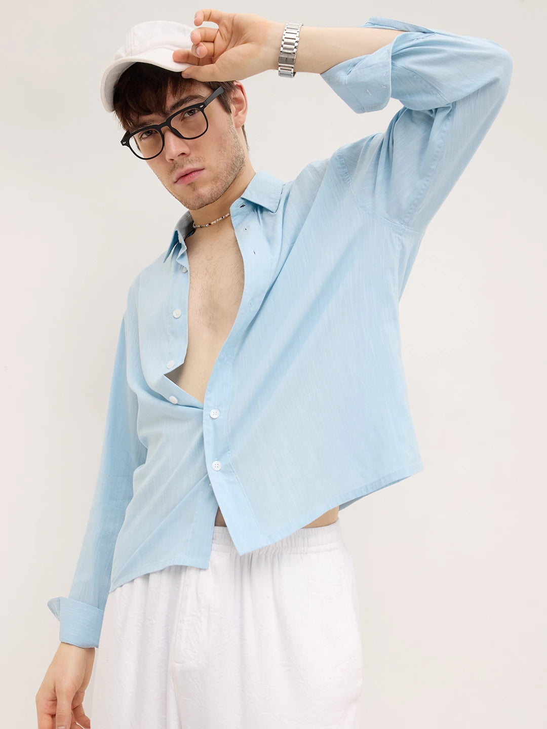 Arctic Blue Fine Textured Boxy Fit Crop Shirt