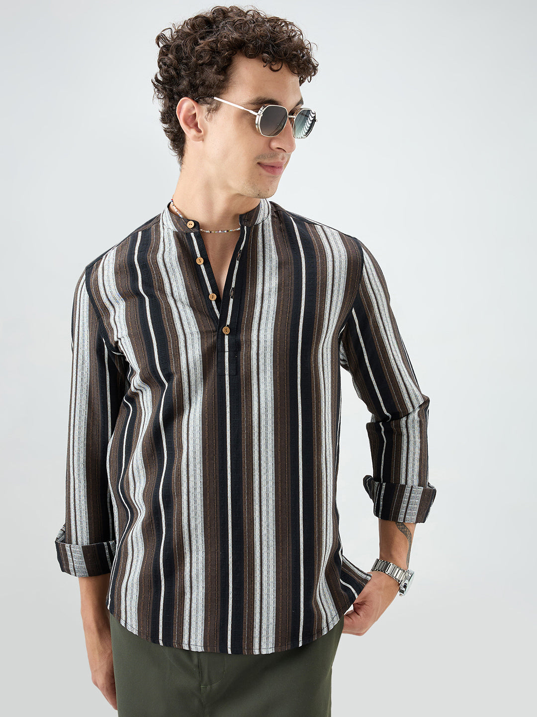 Black Graphic Weave Contrast Stripe Kurta