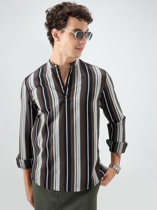 Black Graphic Weave Contrast Stripe Kurta