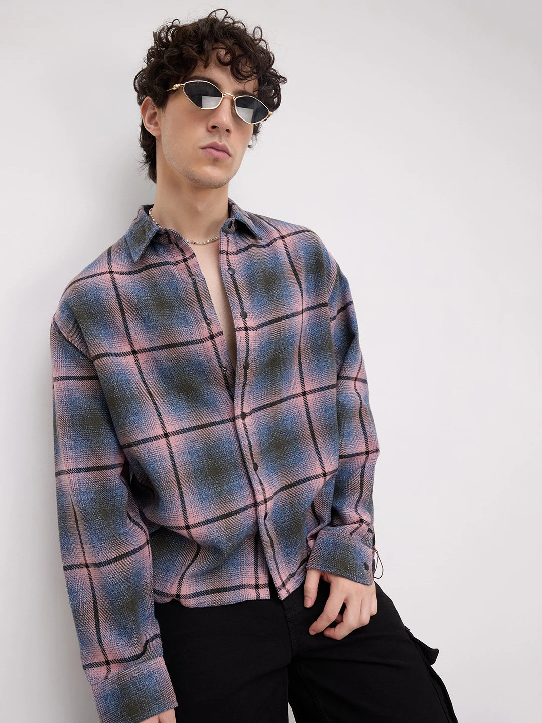 Pink & Blue Flannel Plaid Checks Boxy Fit Crop Shirt