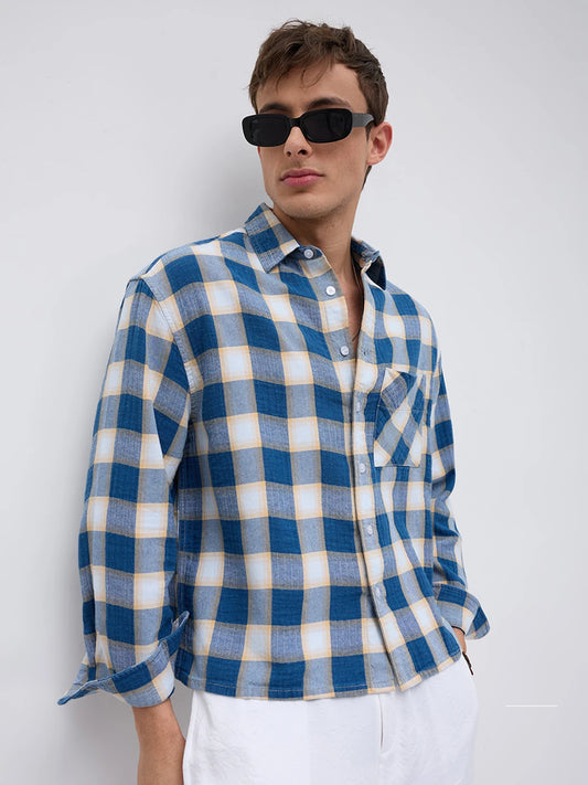 Denim Blue & Beige Box Checks Boxy Fit Crop Shirt
