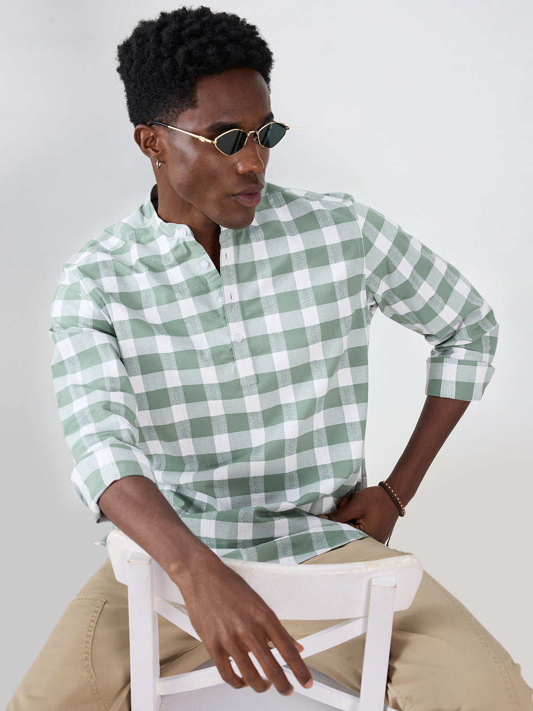 Premium Dusty Seafoam Green Textured Checks Kurta