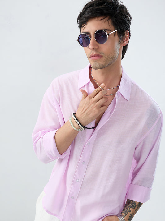 Pink Pearl Slub Textured Boxy Fit Crop Shirt