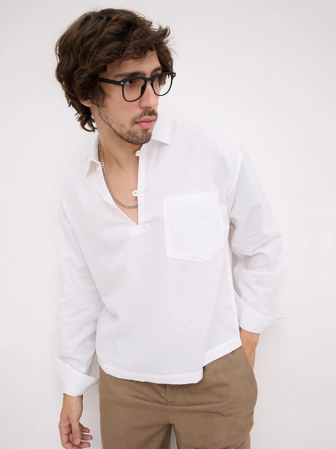 Frost White Sheer Textured Linen Blend Loop Button Oversized Shirt