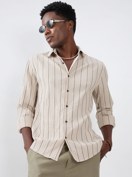Intricate Beige & Navy Raised Striped Shirt