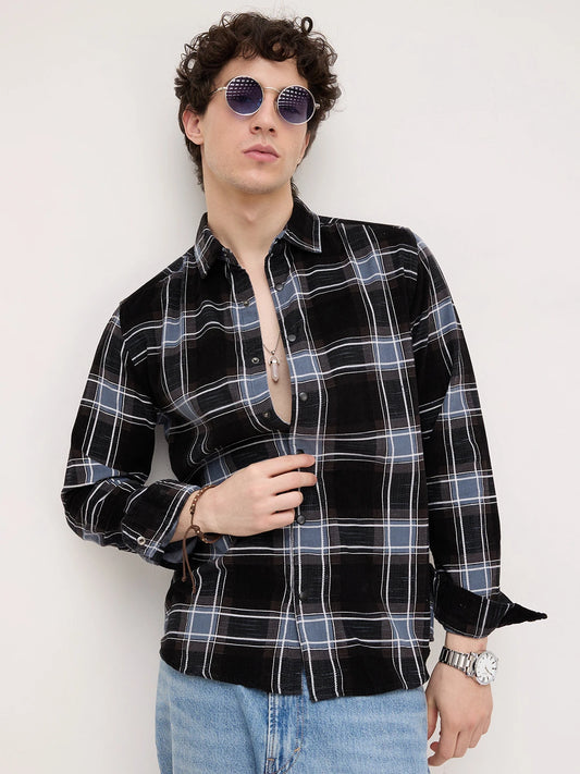 Refined Black & Blue Corduroy Plaid Checks Flannel Shirt