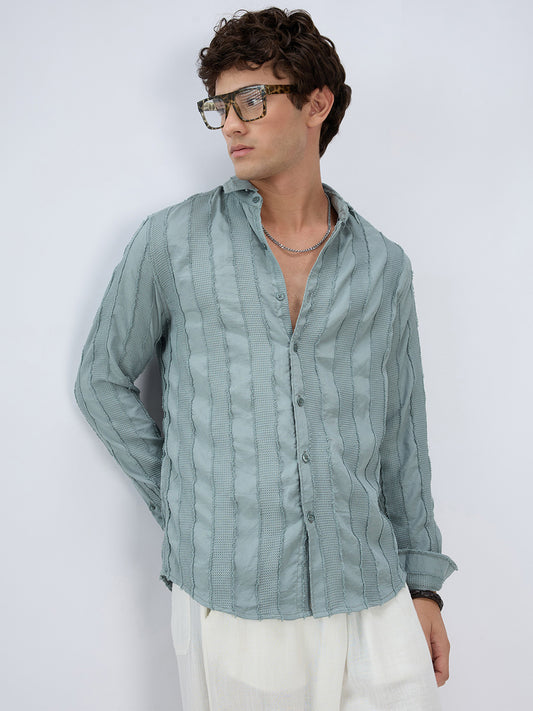 Sage Green Frayed Panelled Waffle Textured Shirt