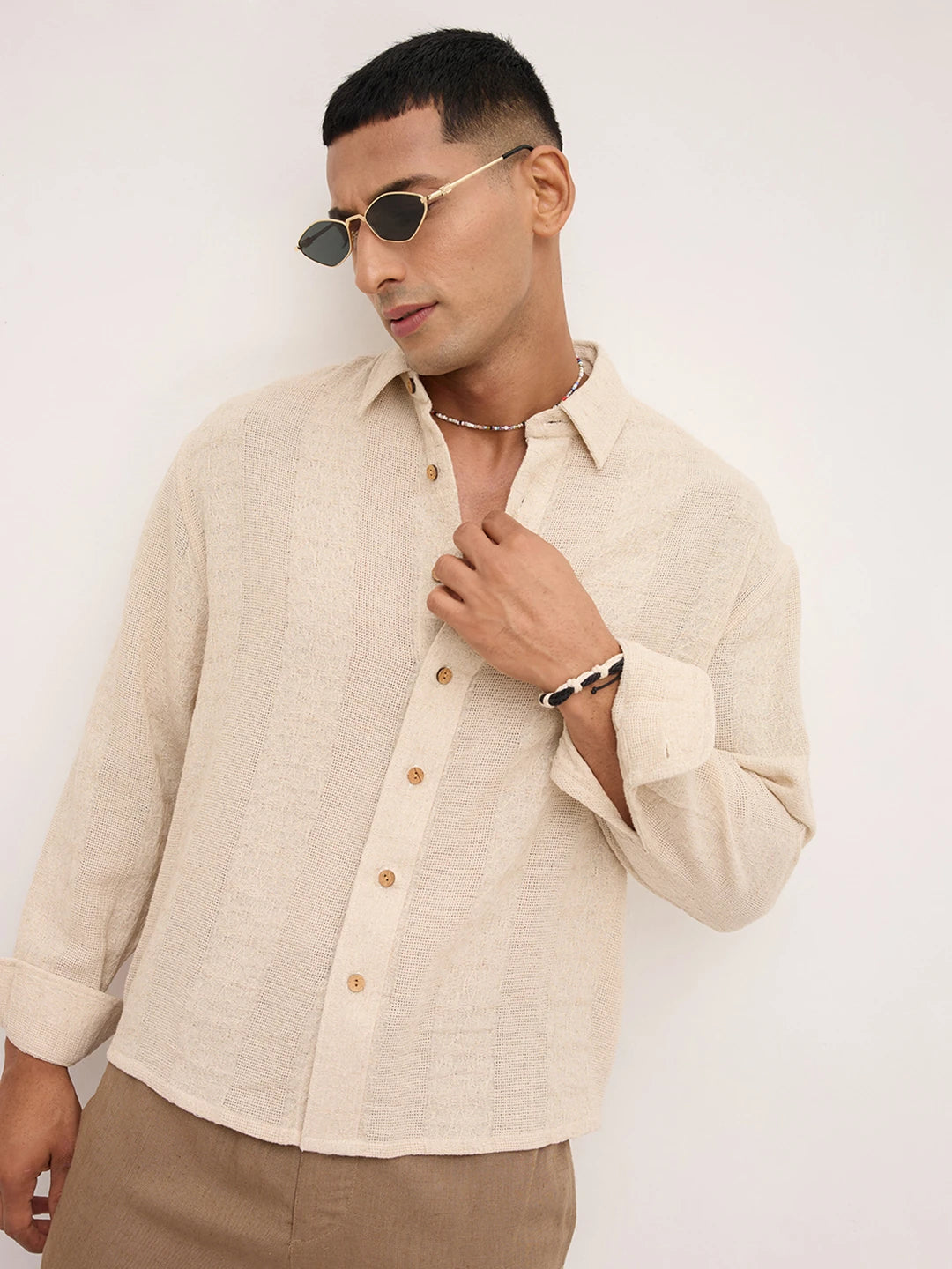 Exquisite Burlap Beige Striped Textured Boxy Fit Crop Shirt