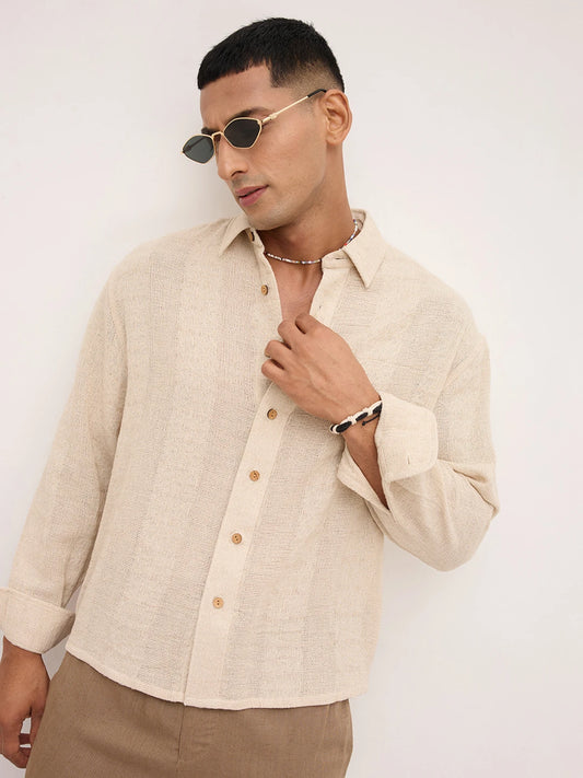 Exquisite Burlap Beige Striped Textured Boxy Fit Crop Shirt