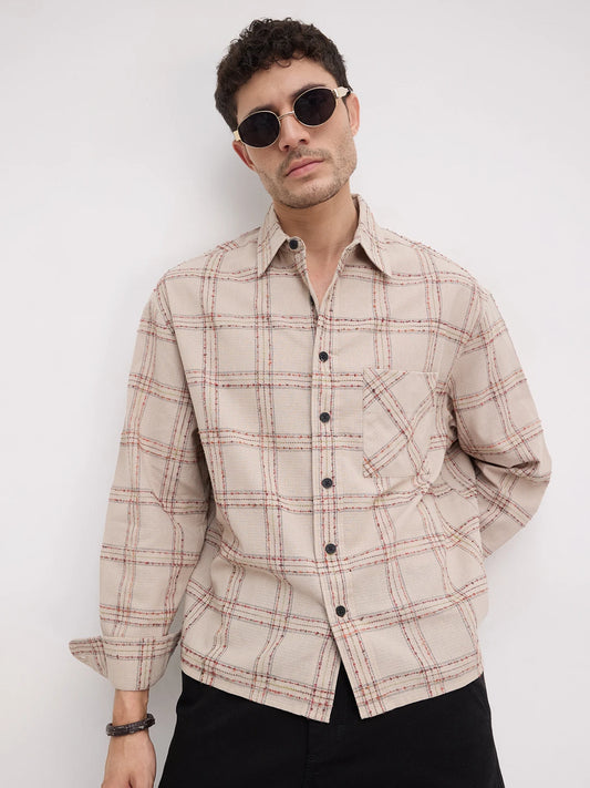Sunbaked Canvas Weave Plaid Checks Boxy Fit Crop Shirt