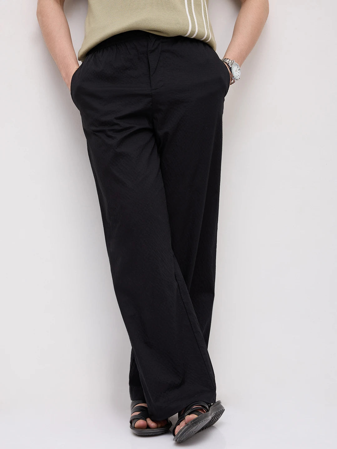 Black Fine Textured Wide Leg Trousers