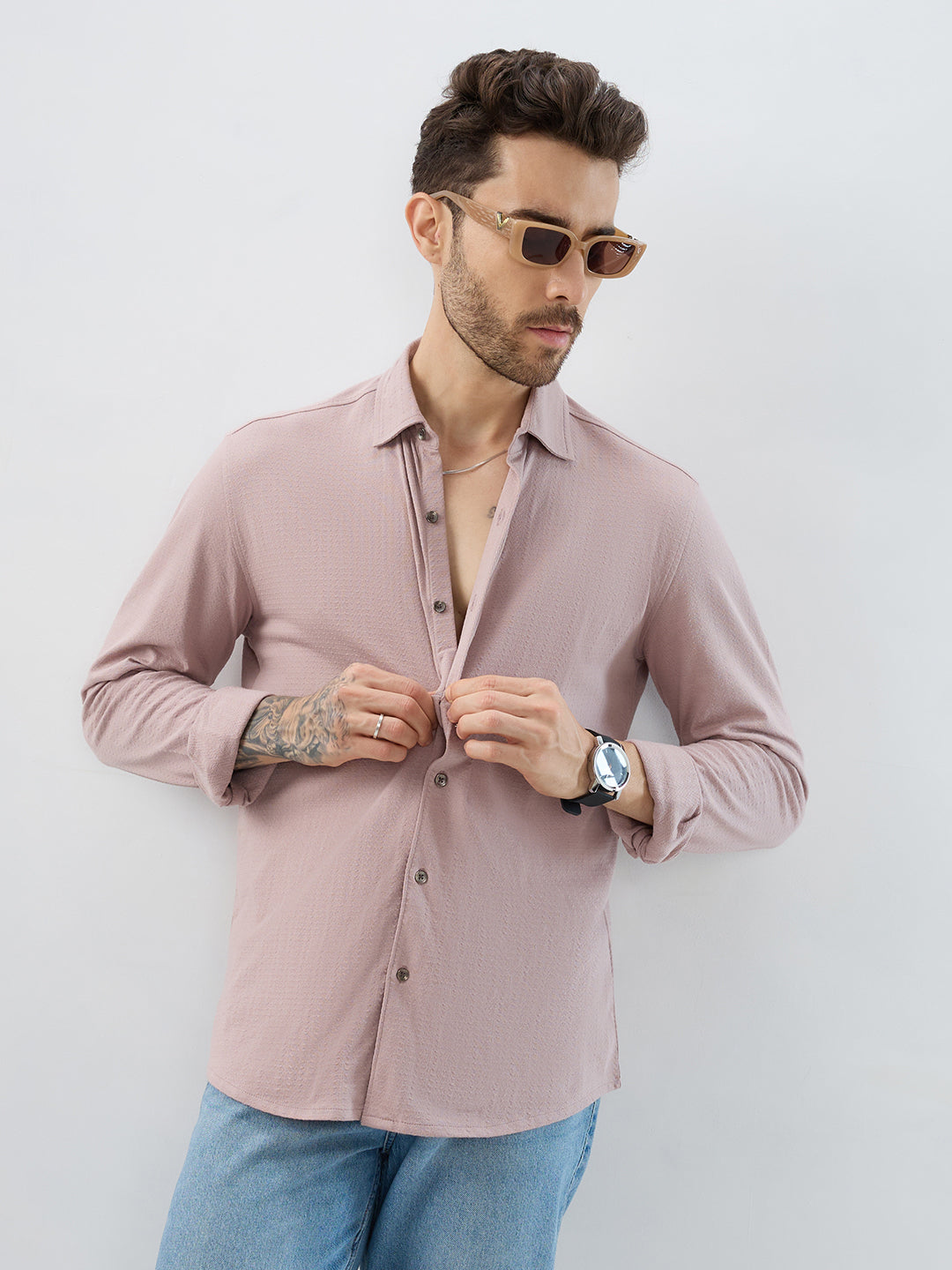 Dusty Rose Pink Textured Knit Shirt