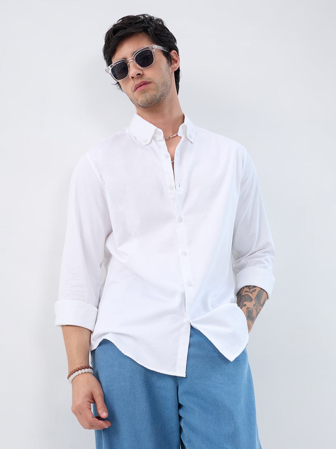 White Satin Button-Down Collar Business Shirt