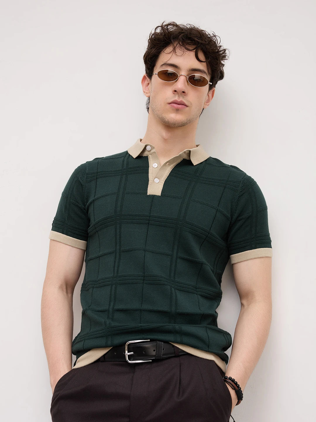 Emerald Green Windowpane Textured Contrast Polo Flat Knit T-Shirt