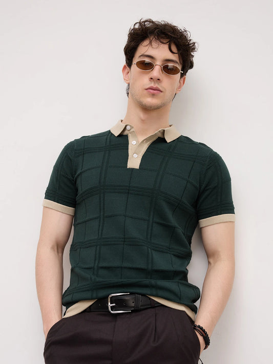 Emerald Green Windowpane Textured Contrast Polo Flat Knit T-Shirt