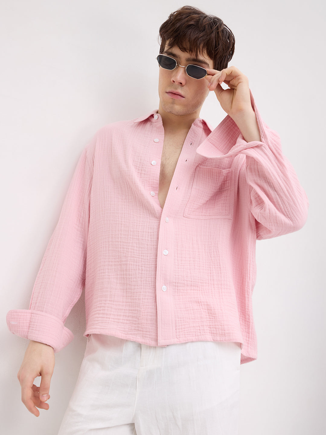 Charming Pastel Pink Double Cloth Boxy Fit Crop Shirt