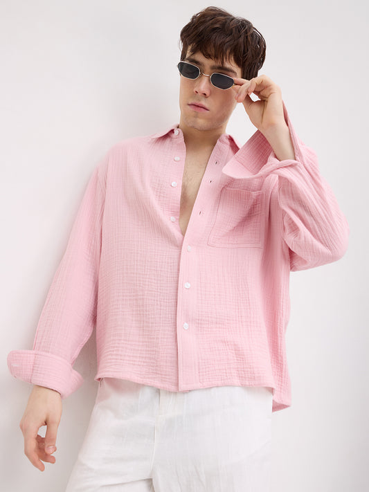 Charming Pastel Pink Double Cloth Boxy Fit Crop Shirt